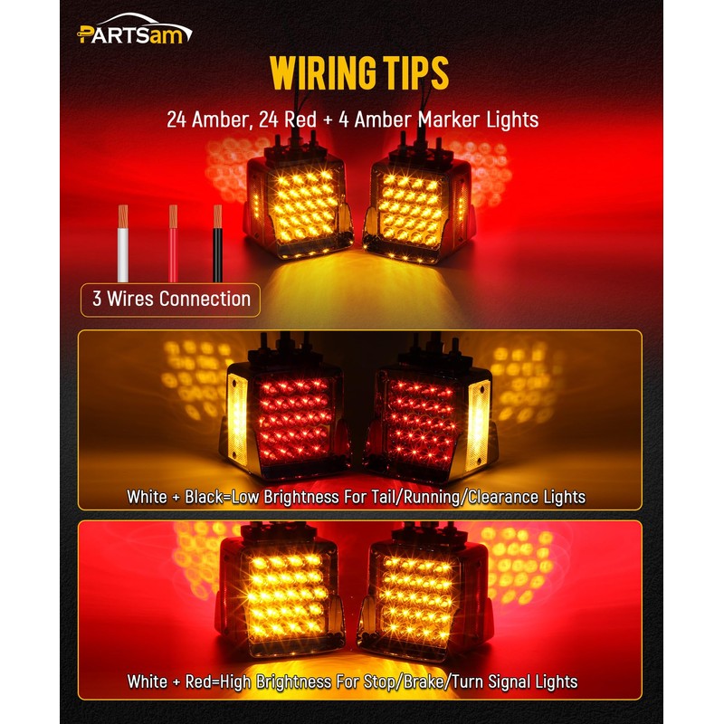 Partsam Pair Truck Trailer 52 LED Red/Amber Square Double Face