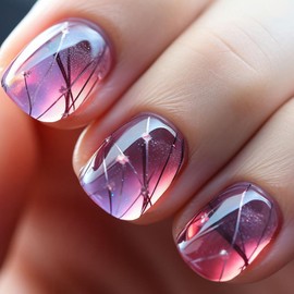 Spring Glass Press on Nails Extra Short Square Fake Nails Starry Purple False Nails with Crack Texture Design Acrylic Nails Glossy Glue on Nails Full Cover Stick on Nails for Women 24 Pcs