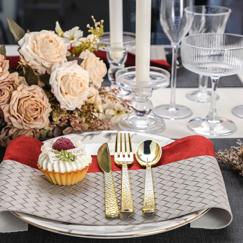 Pryntono 360PCS Gold Plastic Silverware, Heavy Duty Plastic Cutlery Set,