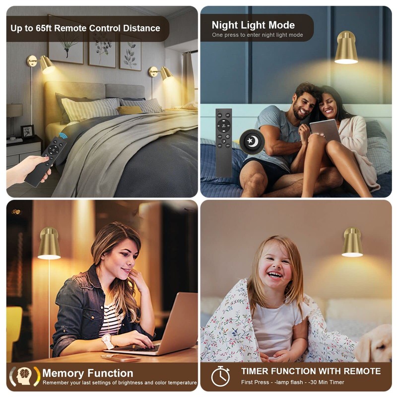 VATONI Plug in Wall Sconces with Remote Control, Adjustable Color