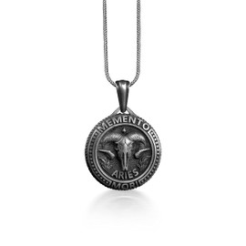 Aries Memento Mori Coin Necklace For Men, Zodiac Sign Coin Necklace in Silver, Gothic Horoscope Necklace For Boyfriend, Ram Skull Necklace