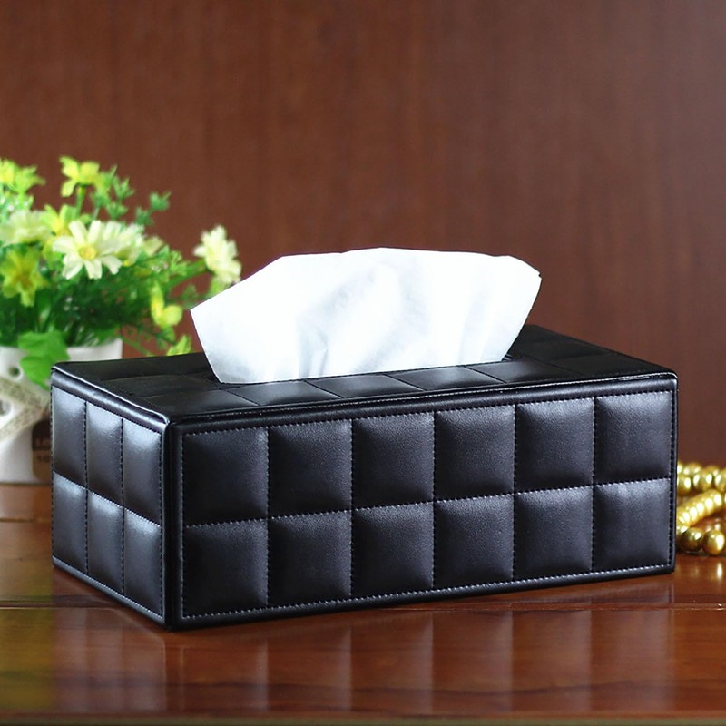 PU Leather Tissue Box Cover, Rectangle Black Tissue Box Holder