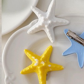 JazSwirl Starfish Hair Clips for Women, 3 Pack Ocean Style Mermaid Hair Accessories in Blue Yellow White, Cute Resin Starfish Hair Clip Set for Beach Hair, Sea Shell Hair Accessories