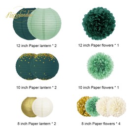 NICROLANDEE Green Wedding Decorations, Pack of 12 Green Gold Tissue Paper Pompoms Paper Lanterns Party Decoration for Bridal Shower, Botanical Baby Shower, Forest Green Garden Party Birthday