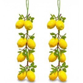 2 Pcs Artificial Lemon String Lifelike Faux Lemon Garland with Green Leaves Yellow Fake Fruit Branches for Farmhouse Kitchen Table Centerpiece Realistic Lemon Decor for Spring Summer Home Decoration