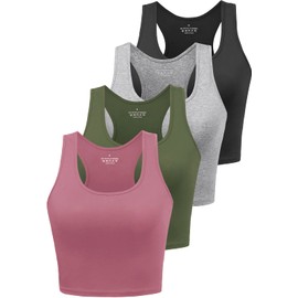 Joviren Cotton Workout Crop Tank Top for Women Racerback Yoga Tank Tops Athletic Sports Shirts Exercise Undershirts 4 Pack Black/Grey/Olive/Rose M