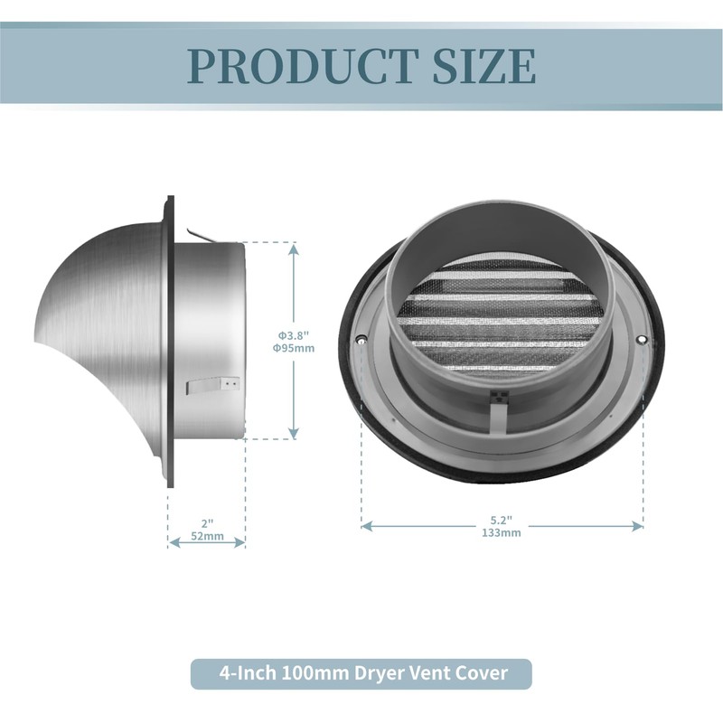 Insvrecho 4-Inch Round Dryer Vent Covers Outdoor, Stainless Steel exhaust