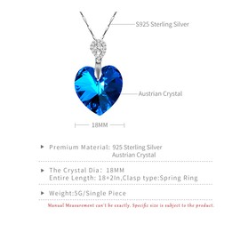 YINUJIAO Heart-Shaped Austrian Crystal Pendant Necklace, 925 Sterling Silver Chain, Handcraft Jewelry Gift, standard, Sterling Silver Austrian Crystal, Cubic Zirconia