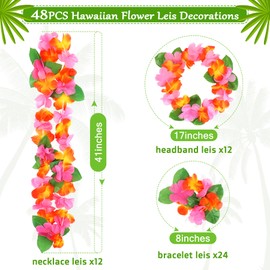 Hawaiian Leis for Luau Party, 48PCS Tropical Flower Lei for Summer Beach Birthday Themed Party, Hawaiian Party Supplies Decorations, Necklace Bracelet Headband Flowers Leis