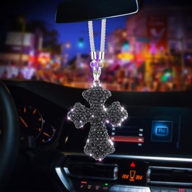 Bling Cross Car Rear View Mirror Ornament, Crystal Rhinestone Car Mirror Hanging Pendant, Religious Auto Interior Decoration Accessories for Men Wome (Black)