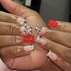 Square Press on Nails Short Fake Nails French Tip False Nails with 3D Silver Bow Charms Design Glue on Nails Zebra Stripes Acrylic Nails Glossy Full Cover Stick on Nails for Women Manicure 24Pcs