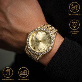 Halukakah Men's Diamond Gold Watch, 18 K Real Gold-Plated/Platinum White, 42 mm Round Design, Bracelet with Hand-set Laboratory Diamonds (24 cm), Cuban Link Chain (20 + 45 cm Necklace Bracelet) with