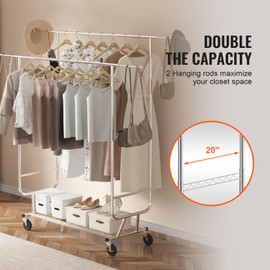 Happybuy Heavy Duty Clothes Rack, Double Hanging Rod Garment Rack, Adjustable Height & Extendable Length, 600 lbs Capacity, with Bottom Storage Area