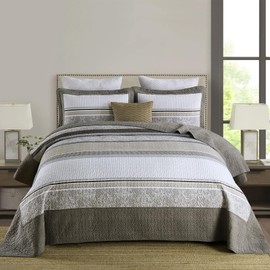 Finlonte 100% Cotton 102"x120" Oversized Queen Bedspread - Farmhouse Striped Floral Quilted Bedspreads Coverlet Set, Lightweight Reversible Oversized Queen Quilt All Season, Brown/Gray/Beige, 3 Pcs