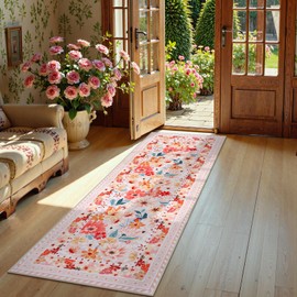 Nailttos Floral Washable Runner Rug, 2x6 Soft Non Slip Pink Rugs for Kitchen Floor,Stain Resistant Low Pile Entryway Rug Carpet Runners for Hallway Kitchen Laundry Bathroom Bedroom