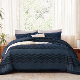 Luxudecor Navy Blue Boho Tufted Comforter Set Queen Size 3 Pieces Boho Shabby Chic Comforter Farmhouse Embroidery Bedding Set Soft Comforter for All Seasons (Navy Blue, 90''x90'')