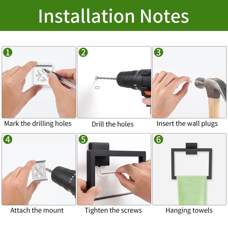 2 Pack Matte Black Hand Towel Holder, Stainless Steel Wall