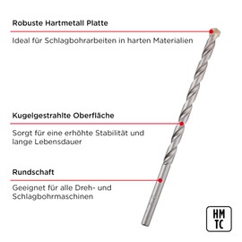 kwb Masonry Breakthrough Drill Bit Diameter 12 mm, Length 200 mm, with Robust Carbide Plate, Chipless Shaped Drill Spiral, Shot-peened Surface and Round Shank, Conforms to ISO 5468