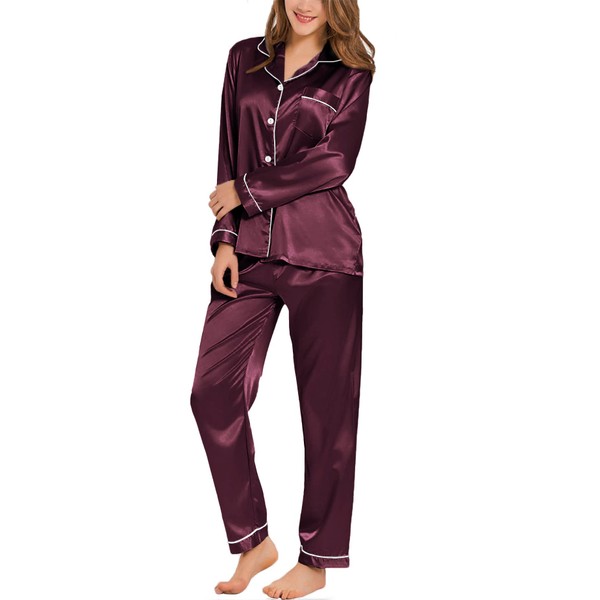 SWOMOG Womens Silk Pyajama Set Satin Pyjamas Long Sleeve Two
