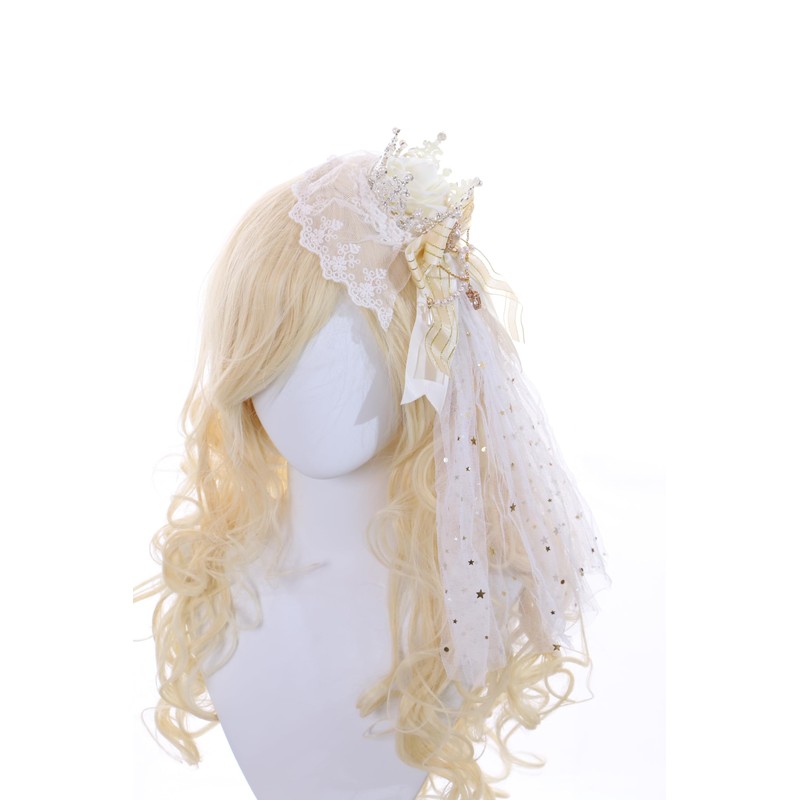 C-105-3 White Veil Gold Crown Red Rose Bow Lace Ruffle