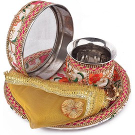 SATVIK 11 Pc Floral Embroidery Karwa Chauth Thali Set with Cover | Complete Puja Kit for Festive Rituals & Gifting