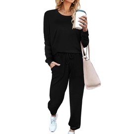 Aloodor Two Piece Outfits for Women Winter Pajama Sets Long Sleeve Casual Nightwear Black L