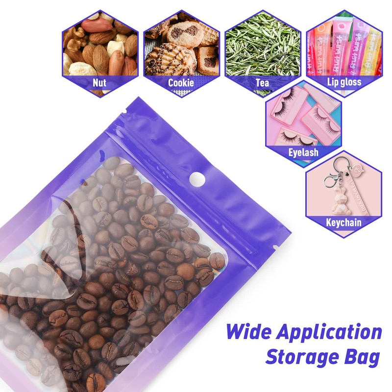 100 bolsas transparentes holográficas degradadas (3.1 x 5.1 pulgadas, morado