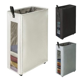 ZERO JET LAG 25 Inches Slim Laundry Storage Hamper - Large Rolling Clothes Hamper - Rolling Storage Bin - Tall Corner Basket - Clear Window Visible - Dirty Laundry Bin - (Beige)