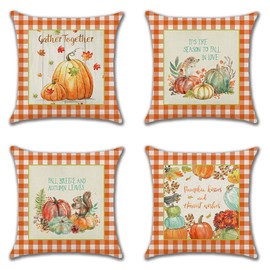 JOTOM Fall Throw Pillow Covers 45x45cm Pumpkin Autumn Harvest Cushion Covers 18x18 Inch Thanksgiving Outdoor Fall Decorations Pillowcases for Farmhouse Sofa Couch Bed Car Decor Set of 4 (Orange Plaid)