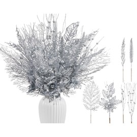 Moucuny 30 Pcs Artificial Christmas Tree Picks and Sprays Glitter Berry Stem Branches Holly Floral Picks Twigs Christmas Tree Ornaments for DIY Xmas Wreath Vase Filler Decorations(Silver)