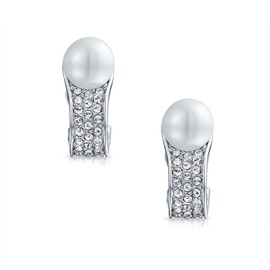 Bridal Crystal Fashion White Simulated Pearl Huggie Clip On Earrings For Women Non Pierced Ear Silver Plated Brass