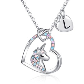 Hidepoo Unicorn Necklace Gifts - 14K White Gold Plated Cubic Zirconia Heart Pendant Unicorn Necklace Jewelry L Initial Heart Unicorn Jewelry Necklace Birthday Gifts Unicorn Gifts