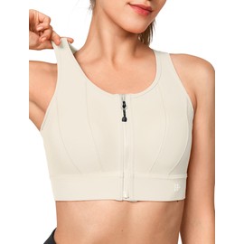 Yvette Front Closure Sports Bras for Women High Support Large Bust Supportive Sports Bra High Impact for Running,Ivory,L