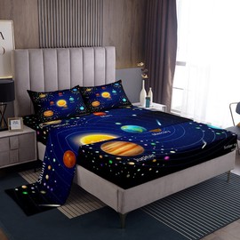 Kids Outer Space Bed Sheets Boys Starry Sky Galaxy Sheet Set 3 Pcs Planet Space Sheets Set + Deep Pocket Fitted Sheets+ Solar System Flat Sheet + Cosmos Decor 1 Pillow Sham, Twin, Blue Purple