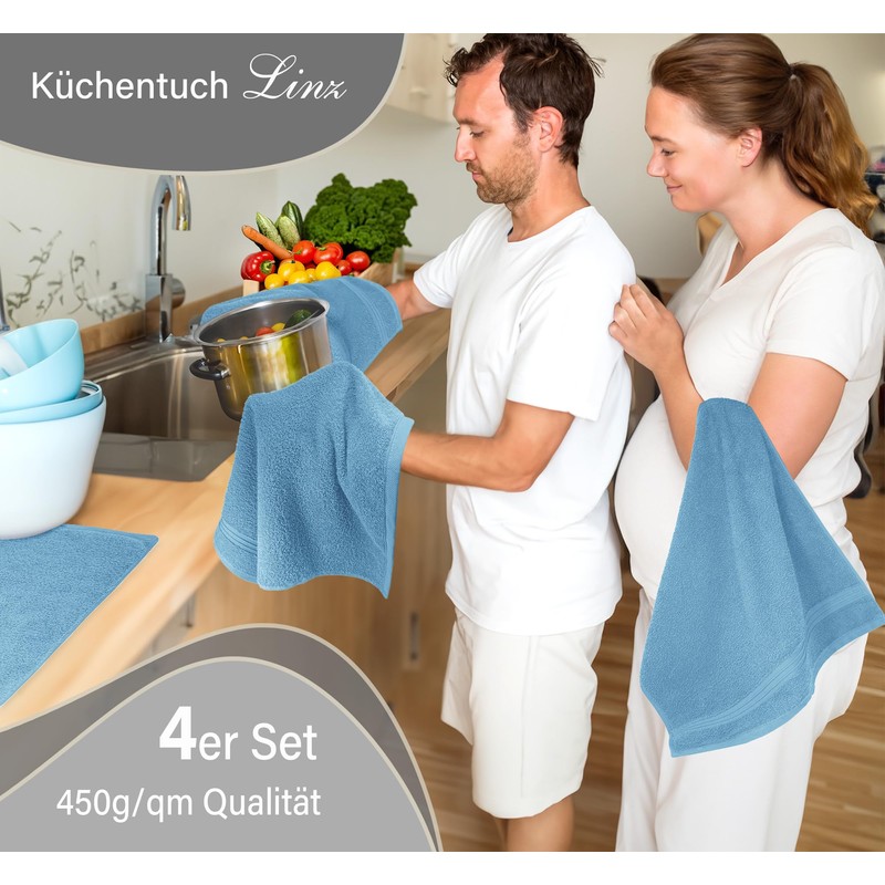 Lashuma Linz Kitchen Towels, Doves, Blue, Set of 4, Terry