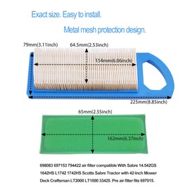 AWSZH 697153 698083 Air Filter Fit for Pre Filter 697634 795115 102-875 Oregon 30-122 Craftsman 33425 M149171 Lawn Mower JD M147489 GY20573 Oregon 30-076 tractor lawn mower lt2000 air filter(2 PCS)