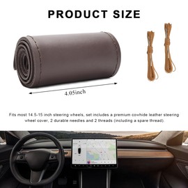 MUQIDA Genuine Leather Steering Wheel Cover, 15 Inches Breathable Stitch on Wrap Steering Wheel Cover, Anti-Slip Auto Wheel DIY Sewing Protector with Needle Thread (Coffee, Glossy)