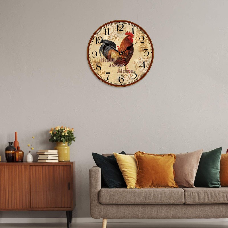 TAHEAT 14 Inch Rustic Rooster Wall Clock Retro Silent Non