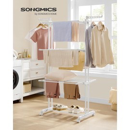 SONGMICS Clothes Drying Rack Stand 4-Tier, Foldable Laundry Drying Rack 68.1-Inch Tall, Stainless Steel, Rolling Clothes Horses Dryer Rack, Easy to Assemble, Indoor Outdoor Use, Cloud White ULLR701W03