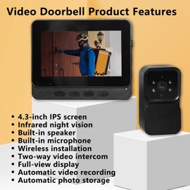 TKMARS Wireless Doorbell with Camera, Video Intercom without WiFi 1080P Video Door Intercom for Home, Video Door Intercom 4.3 Inch IPS Screen, Doorbell 70° Viewing Angle
