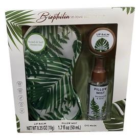 Biophilia 3 Piece Sleep Gift Set | Leaf Pattern | Mandarin Mint Set | Eye Mask, Lip Balm 0.35 OZ (10g) & Pillow Mist 1.7 FL OZ (50ml)