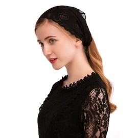 PAMOR Rose Lace Headband Kerchief Tie-style Floral Headwrap Latin Mass Head Covering Church Veil with Bobby Pins (Black)