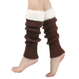 Leg Warmers for Women Girl 80s Y2K Ribbed Striped Leg Warmer Fleece Plush Trim Knitted Christmas Socks Fall Winter Streetwear (With Plush Brown, One Size)