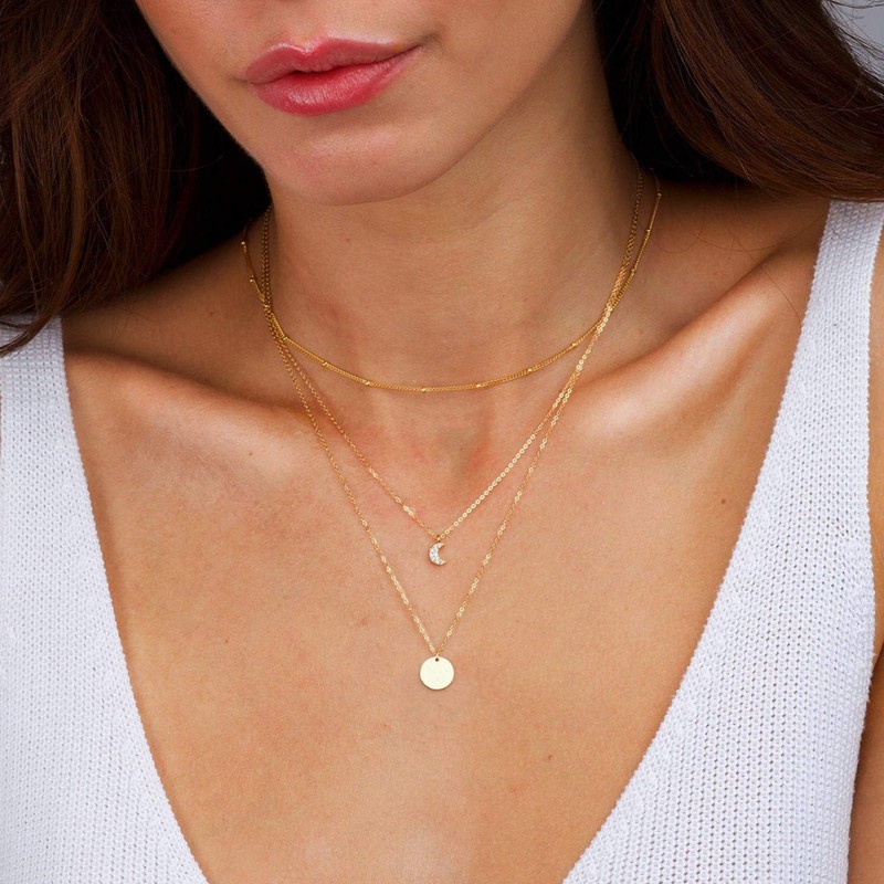 Aisansty Dainty Layered Choker Necklace Handmade Coin Moon Pendant Adjustable