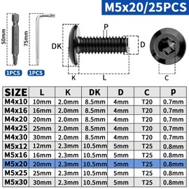 XRXYMQ Pack of 25 Flat Head Screws M5 x 20 mm Rounded Head Screws M5 Screws Black 304 Stainless Steel Machine Screws for Furniture Installation Wood Mounting with Torx Key Bit Screwdriver