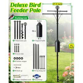 Ceoighe 95 Inch Bird Feeder Pole with Torpedo Squirrel Proof Baffle, Heavy Duty Steel Squirrel Proof Pole System with Hanging Stations, Ideal for Holding 8 Feeders, Wind Chimes, Plants
