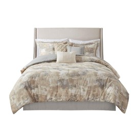 Madison Park King Comforter Set, Abstract Print with Luxurious Texture, Fluffy King Bedding Sets, All Season Down Alternative Cotton Blend King Bed Set with Bedskirt & Décor Pillows, Gray 7 Piece