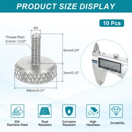 sourcing map M2x6mm Vernier Caliper Screws, 304 Stainless Steel Flat Head Thumb Screws Metric Diamond Knurled Head Bolts Grip Knobs Hand Tighten Thread Fasteners Lock Position, 10 Pcs