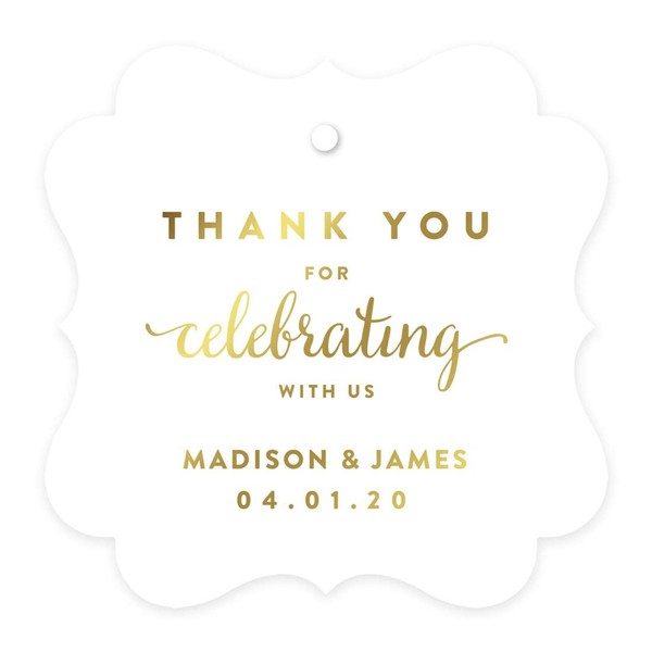 Andaz Press Personalized Fancy Frame Square Wedding Gift Tags, Metallic Gold Custom Tags, Thank You for Celebrating with US, 24-Pack, Custom Name Thank You Tags, 2x2 Personalized Gift Tags for Favors