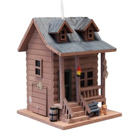 Home Bazaar Log Cabin Bird House, Handcrafted Wooden Outdoor Birdhouse with Rope Hanger, Rustic Cabin Design with Porch, Lantern & Dog Accent, 1.25" Entry for Wrens & Chickadees